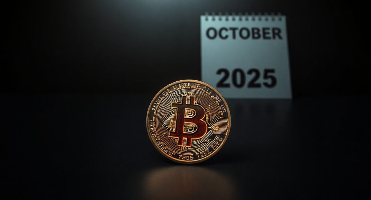 Bitcoin coin on dark surface with October calendar in background, representing potential market bottom timeline.