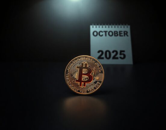 Bitcoin coin on dark surface with October calendar in background, representing potential market bottom timeline.