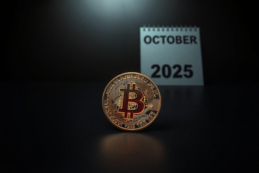 Bitcoin coin on dark surface with October calendar in background, representing potential market bottom timeline.