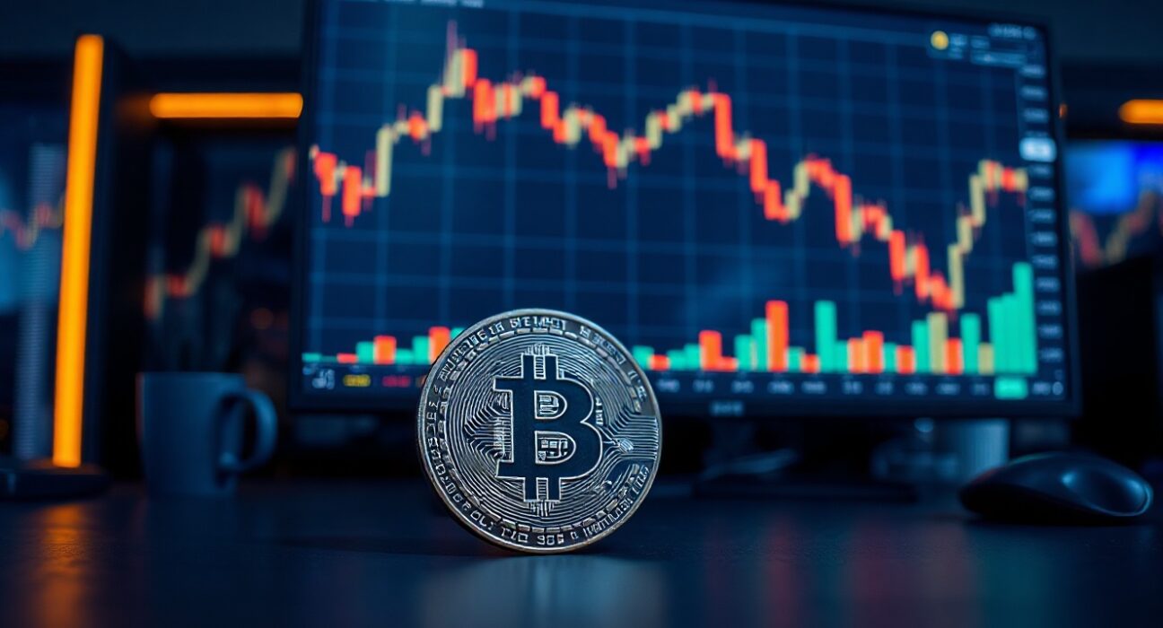 Bitcoin coin on trading desk with bearish chart on monitor in background