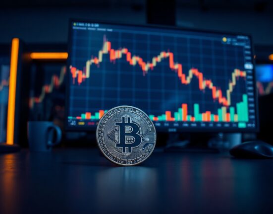 Bitcoin coin on trading desk with bearish chart on monitor in background