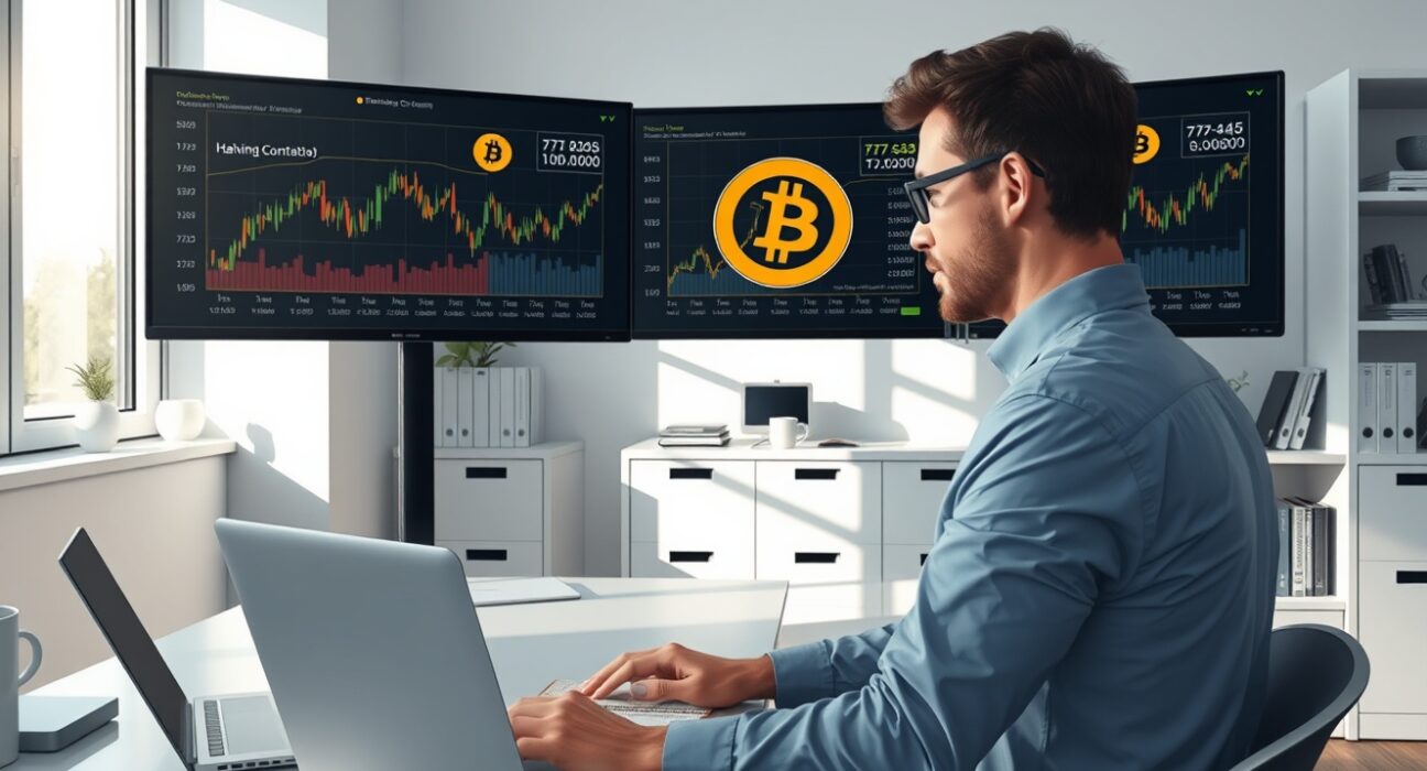 Financial analyst studying Bitcoin halving cycle data to predict market bottom timing