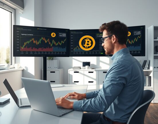 Financial analyst studying Bitcoin halving cycle data to predict market bottom timing