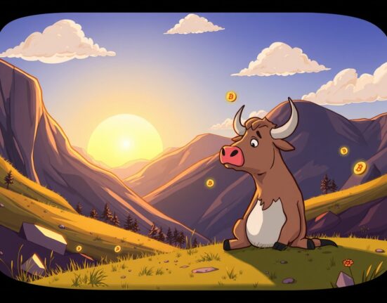 Bitcoin bottom prediction showing market recovery with hopeful bull character