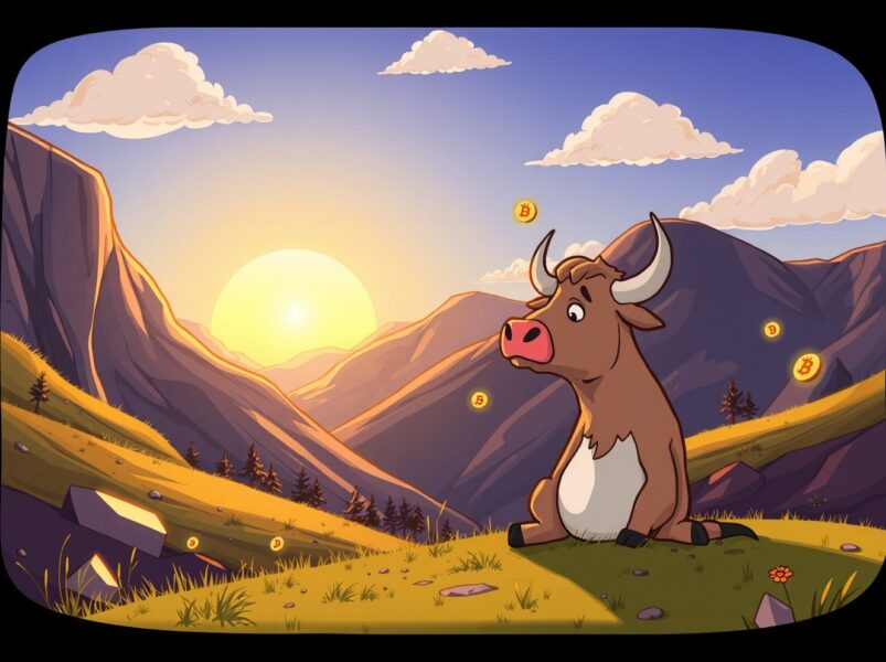 Bitcoin bottom prediction showing market recovery with hopeful bull character