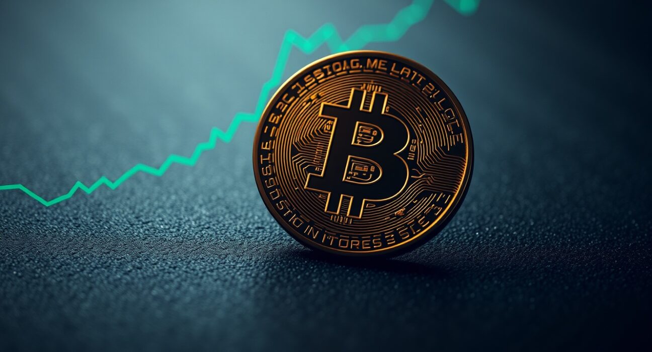 Bitcoin coin on dark surface with subtle graph in background representing market analysis