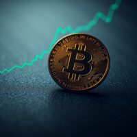Bitcoin coin on dark surface with subtle graph in background representing market analysis