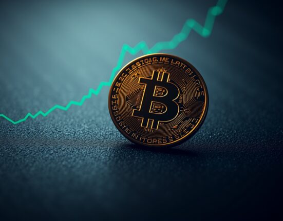 Bitcoin coin on dark surface with subtle graph in background representing market analysis