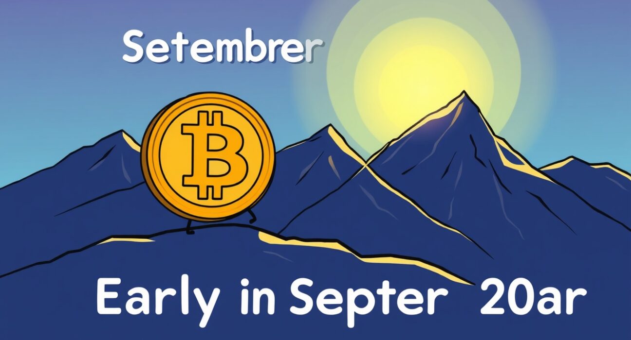 A cartoon illustration showing Bitcoin bottoming out in early September and beginning a strong ascent, symbolizing market recovery.