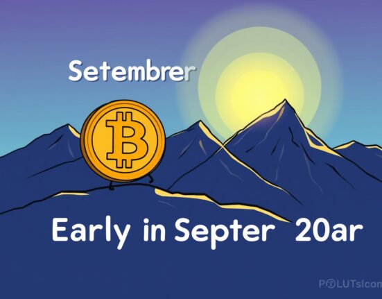 A cartoon illustration showing Bitcoin bottoming out in early September and beginning a strong ascent, symbolizing market recovery.