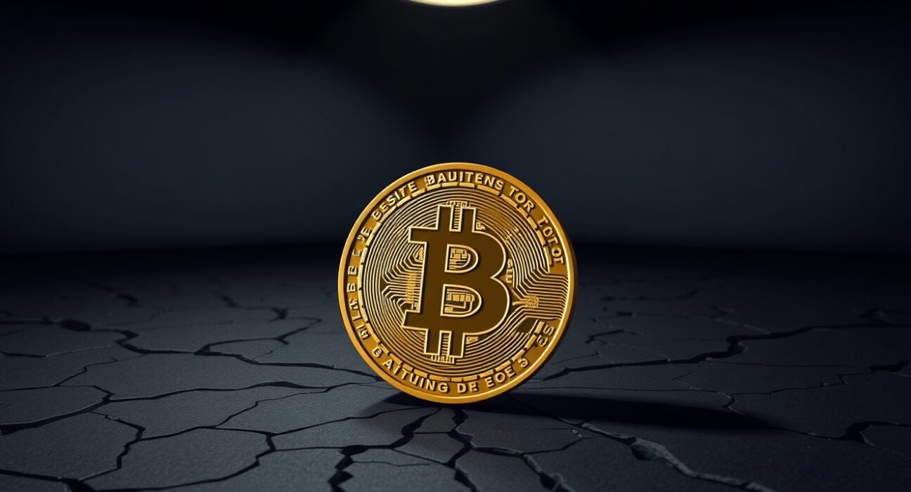 Bitcoin bottom signal: A Bitcoin coin on a cracked surface, symbolizing the bear market and the absence of a bottom formation.