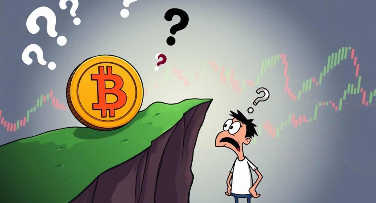 Unstable Bitcoin coin on cliff edge representing uncertain Bitcoin bottom confirmation