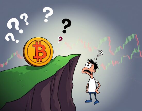 Unstable Bitcoin coin on cliff edge representing uncertain Bitcoin bottom confirmation