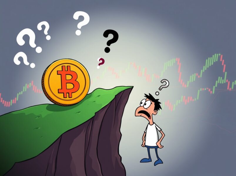 Unstable Bitcoin coin on cliff edge representing uncertain Bitcoin bottom confirmation