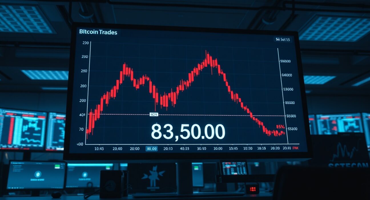 Bitcoin price chart on trading desk monitors approaching key $85,000 resistance level.