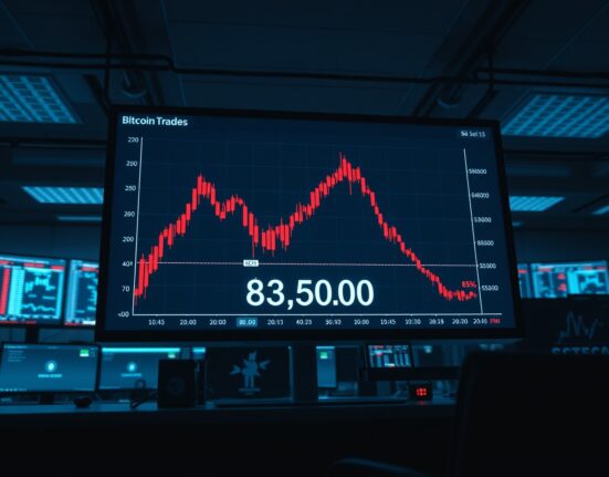 Bitcoin price chart on trading desk monitors approaching key $85,000 resistance level.