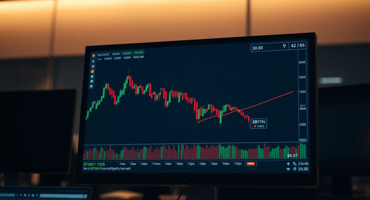 Bitcoin price chart on trading terminal showing downward trend and rebound attempt.