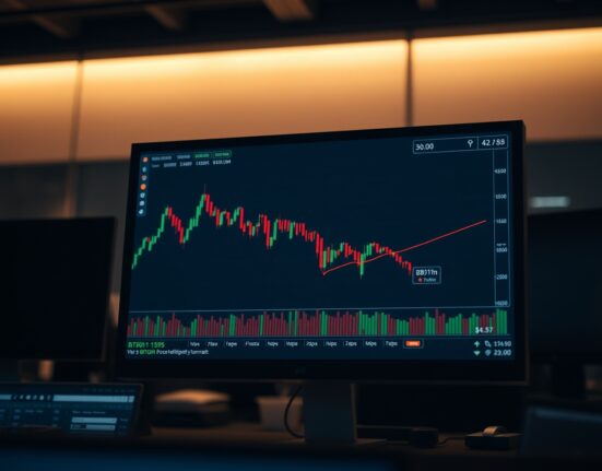 Bitcoin price chart on trading terminal showing downward trend and rebound attempt.