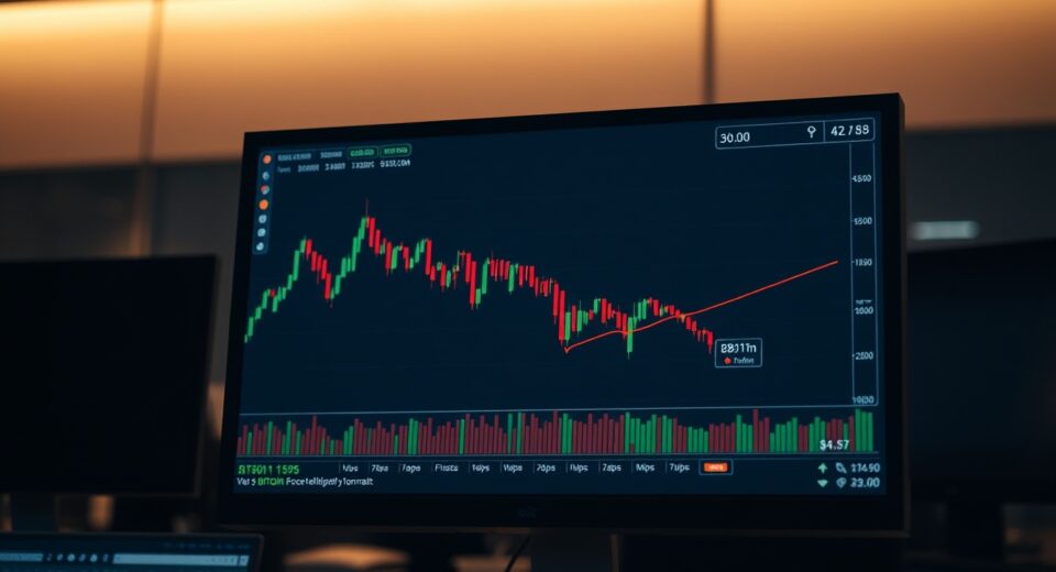 Bitcoin price chart on trading terminal showing downward trend and rebound attempt.