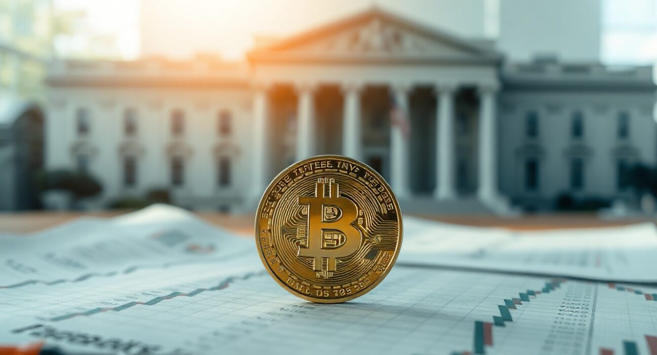 Bitcoin coin on financial documents with a blurred background of US Treasury bonds
