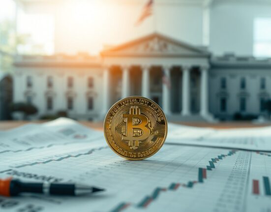 Bitcoin coin on financial documents with a blurred background of US Treasury bonds