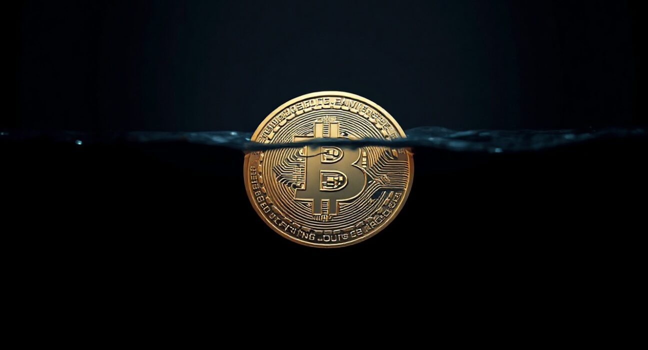 Bitcoin coin partially submerged in dark water, representing ongoing market bottoming process