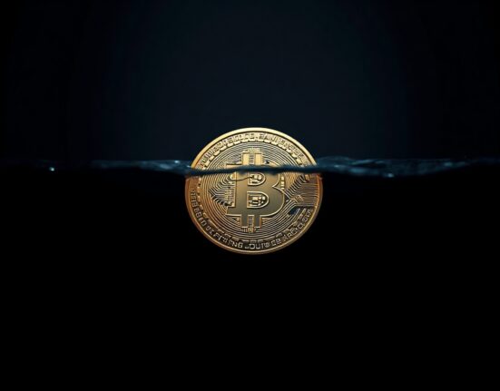 Bitcoin coin partially submerged in dark water, representing ongoing market bottoming process