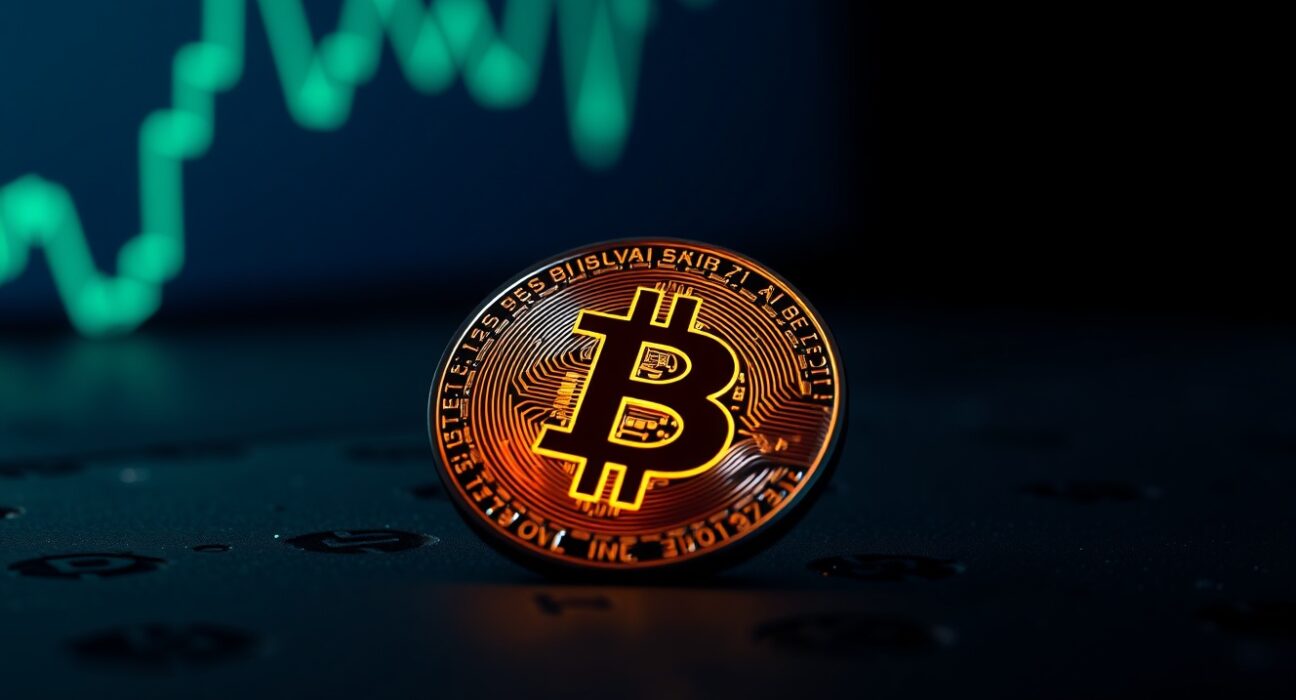 Bitcoin coin with a green upward-trending chart in the background, symbolizing a potential market bottom.
