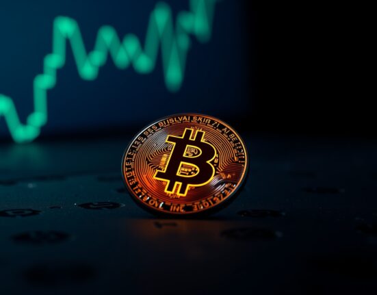 Bitcoin coin with a green upward-trending chart in the background, symbolizing a potential market bottom.