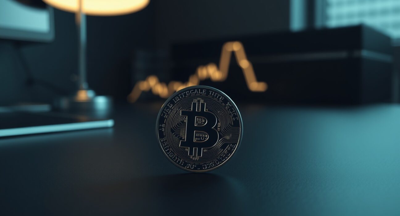 Bitcoin coin on dark trading desk with subtle chart line in background