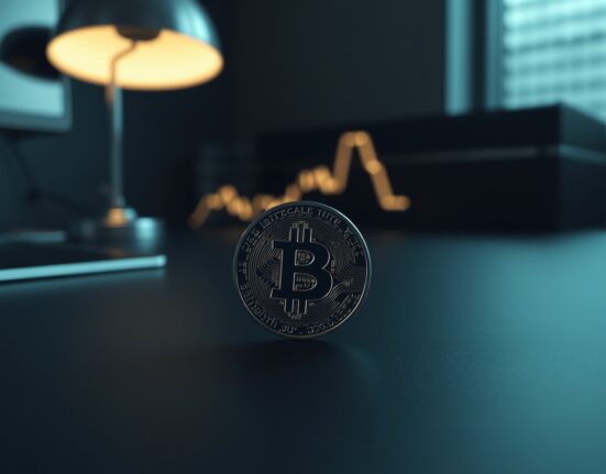 Bitcoin coin on dark trading desk with subtle chart line in background