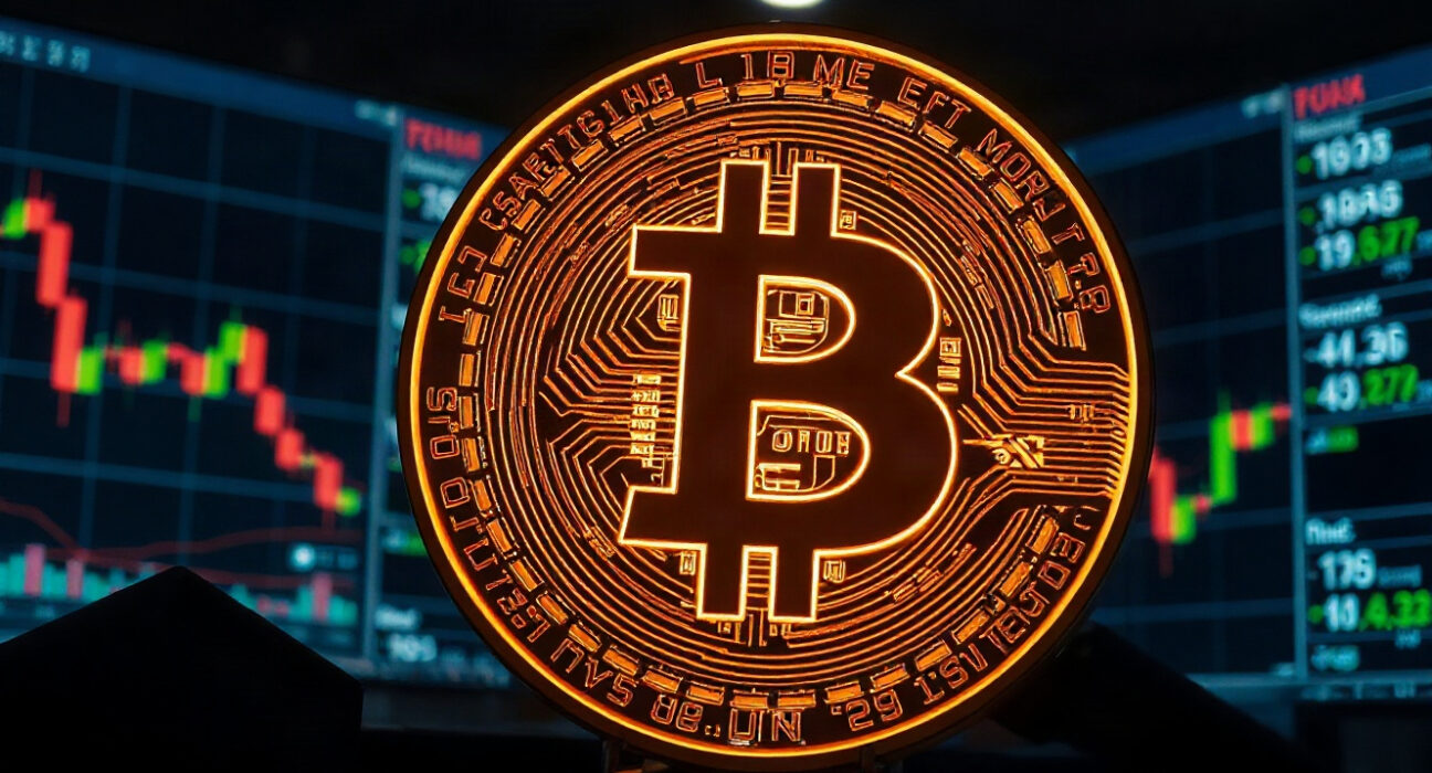 Bitcoin coin in a professional trading environment with charts in background