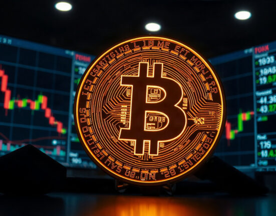 Bitcoin coin in a professional trading environment with charts in background