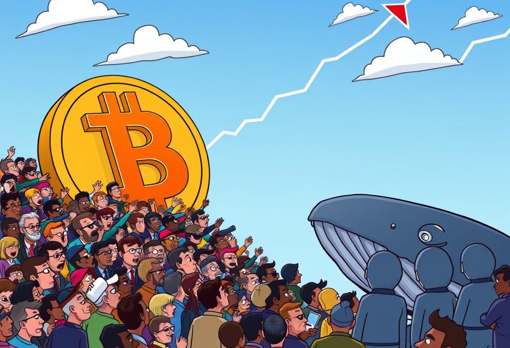 A vibrant illustration showing retail traders propelling a Bitcoin symbol towards a significant Bitcoin breakout, signifying a shift in market control.