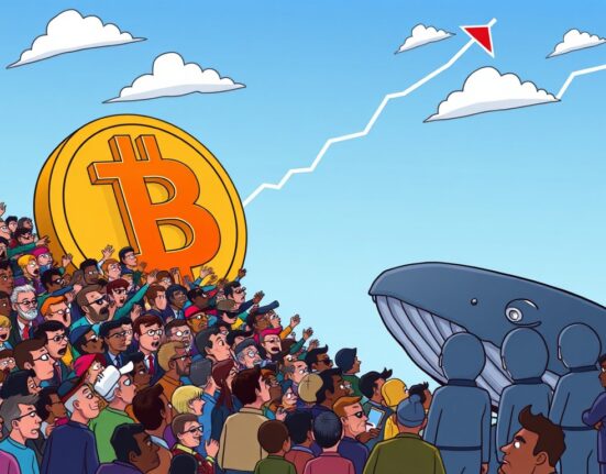 A vibrant illustration showing retail traders propelling a Bitcoin symbol towards a significant Bitcoin breakout, signifying a shift in market control.
