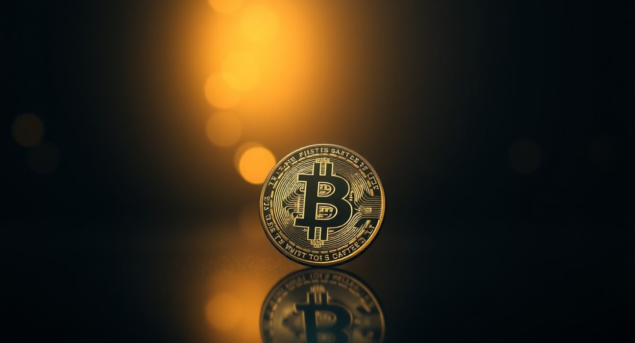 Bitcoin coin glowing on a dark reflective surface, representing the price breaking above $60,000.