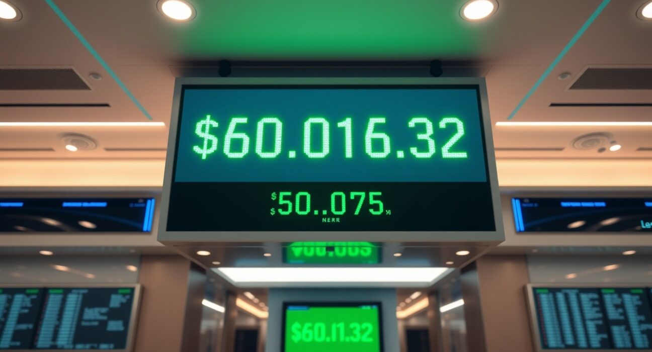 Digital display showing Bitcoin price at $60,016.32 on a trading floor