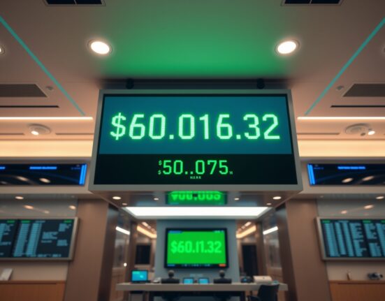Digital display showing Bitcoin price at $60,016.32 on a trading floor