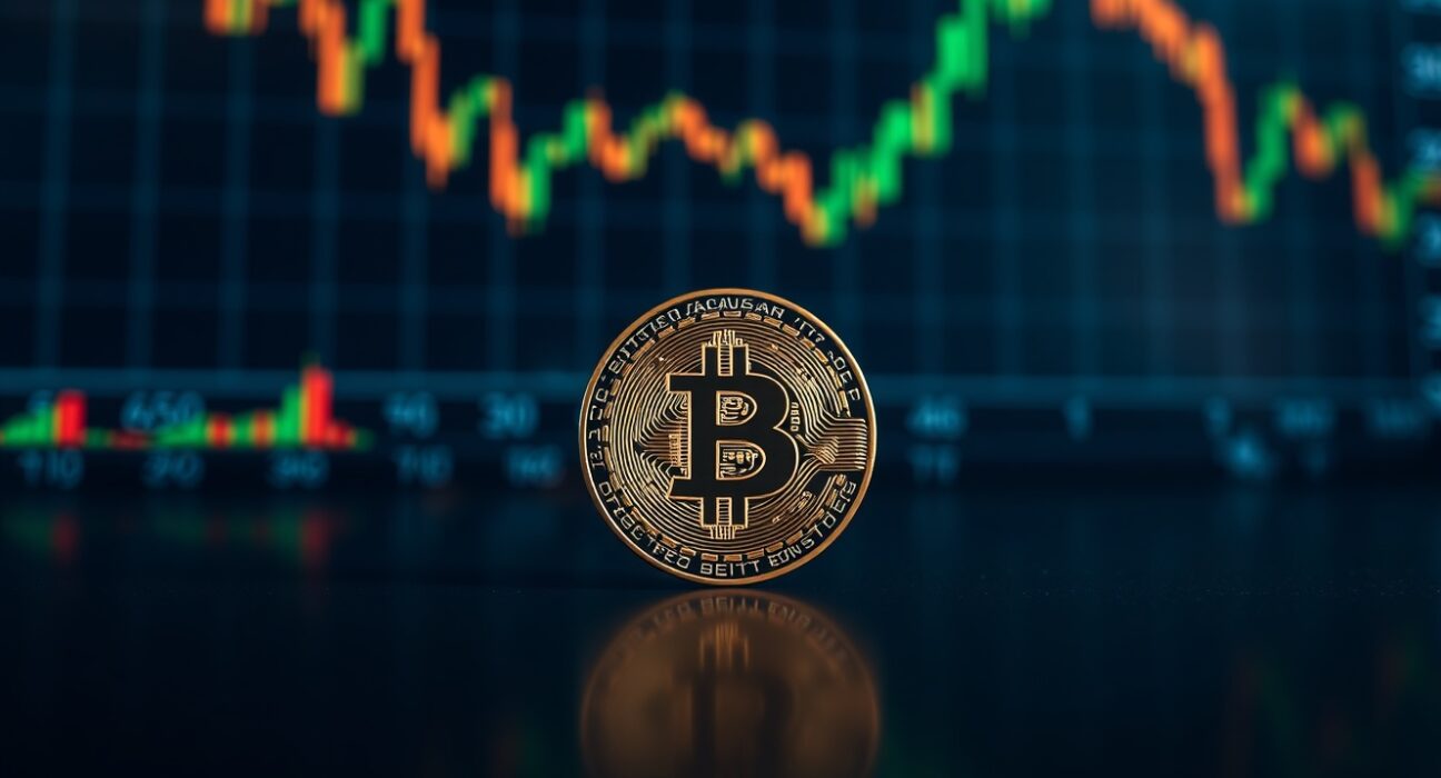 Bitcoin coin on reflective surface with green chart background