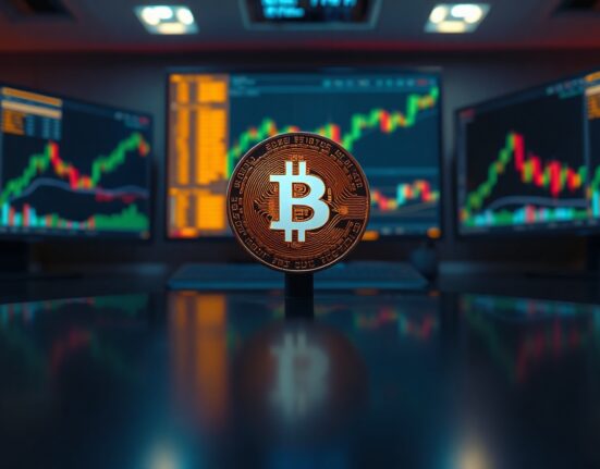 Bitcoin coin on a dark trading desk with rising chart monitors in background
