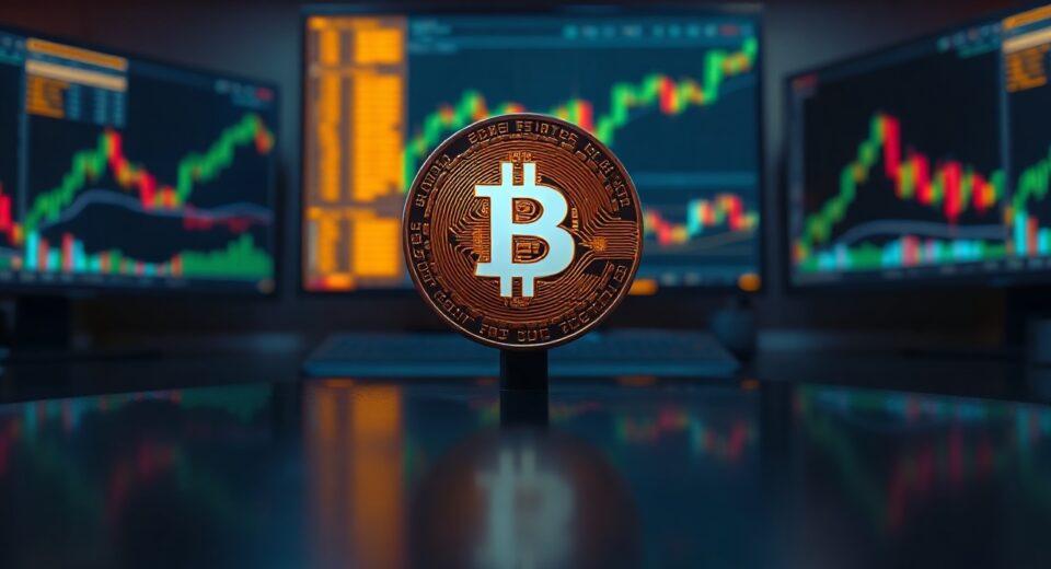 Bitcoin coin on a dark trading desk with rising chart monitors in background