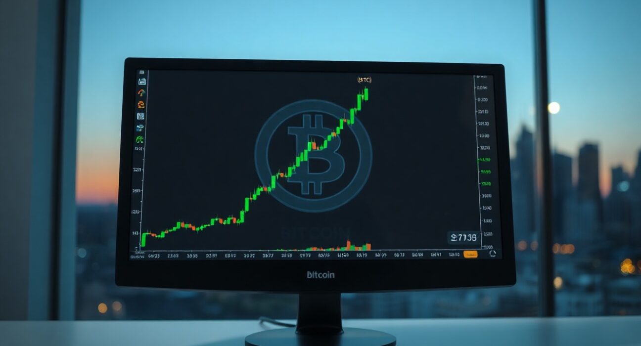 Bitcoin price chart showing a rise above $61,000 on a trading screen