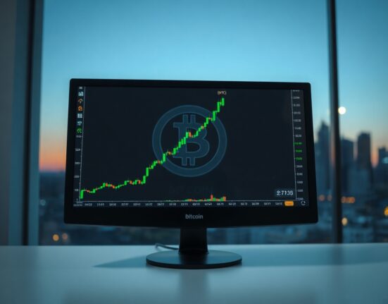 Bitcoin price chart showing a rise above $61,000 on a trading screen