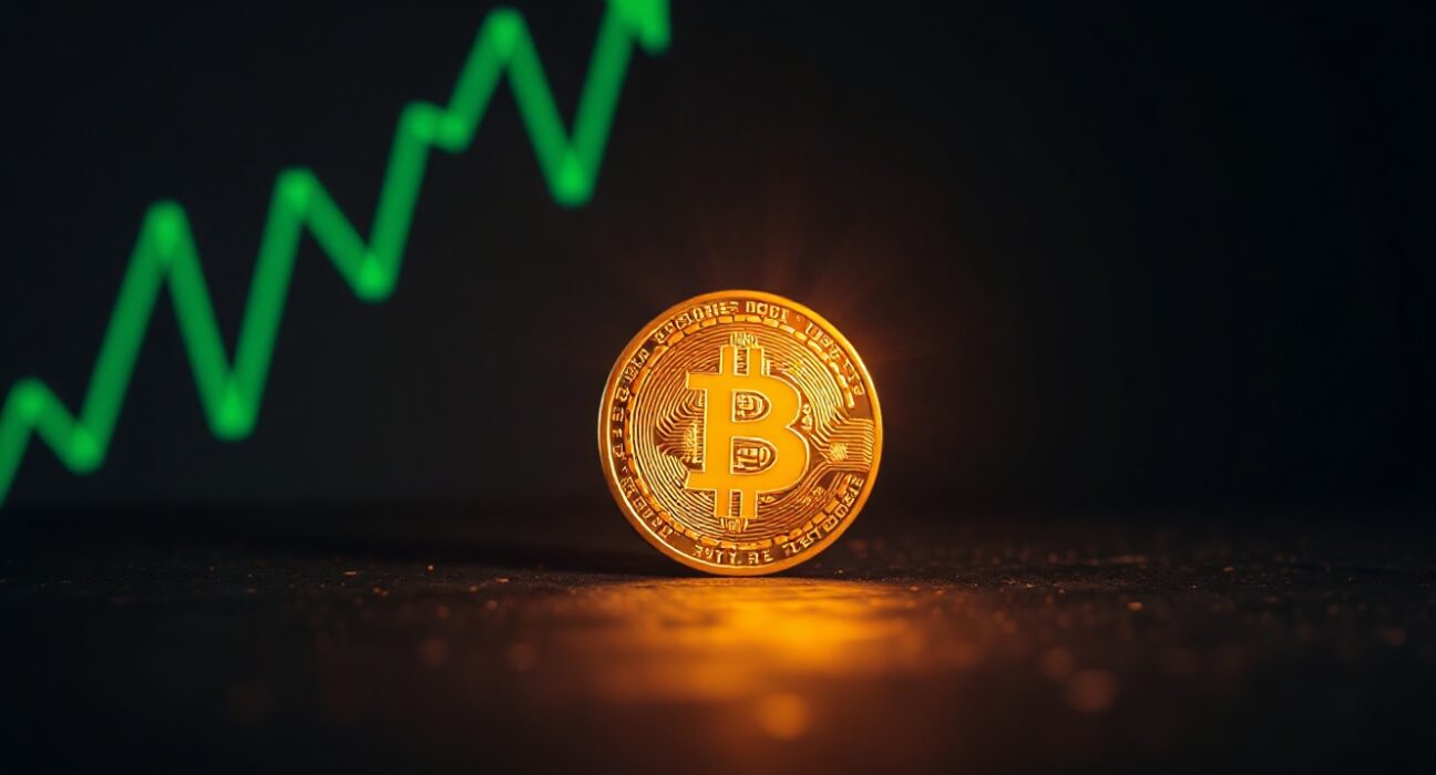 Bitcoin coin on dark surface with green upward trend line in background