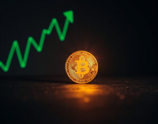 Bitcoin coin on dark surface with green upward trend line in background