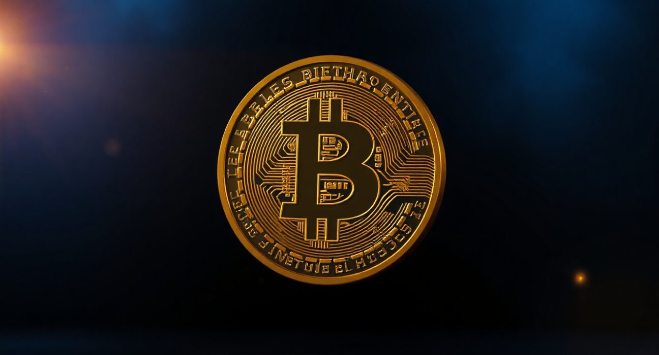 Golden Bitcoin coin symbol floating against a dark blue background with soft bokeh lighting