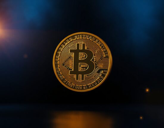 Golden Bitcoin coin symbol floating against a dark blue background with soft bokeh lighting