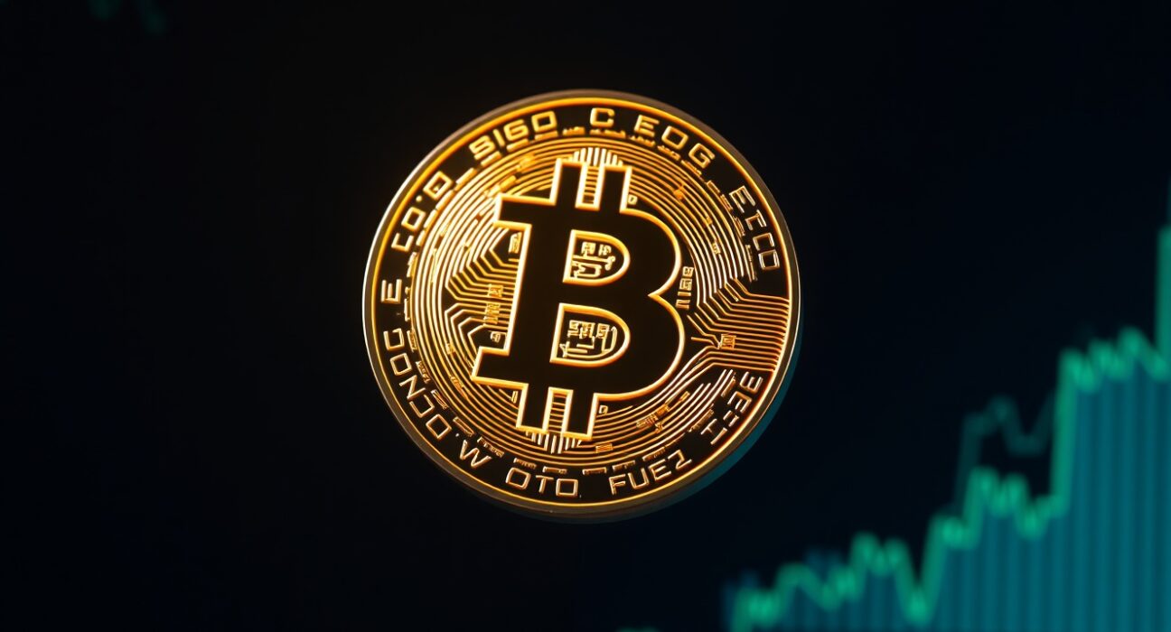 Bitcoin coin symbol rising against digital financial charts