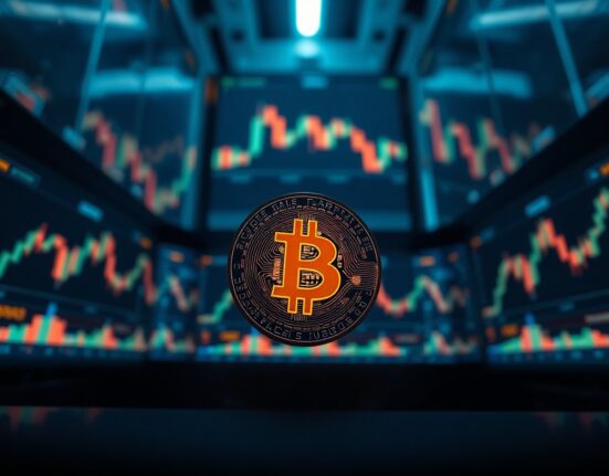 Bitcoin coin in focus with financial market screens in background