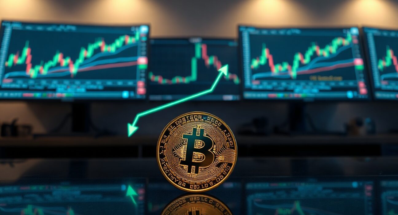 Bitcoin coin on a dark surface with a green upward arrow, representing a price increase.
